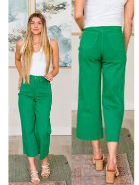 NWT JUDY BLUE High Rise Control Top Wide Leg Crop Jeans in Kelly Green Size 18W